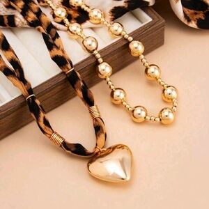 Gold Heart Pendant Necklace with Leopard Ribbon and Beaded Chain